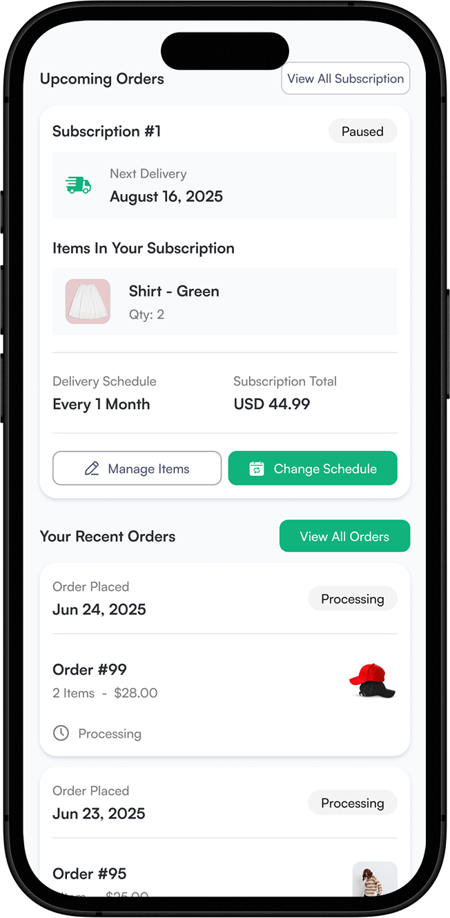 Customer portal on a phone: an upcoming subscription delivery with manage items and change schedule buttons, and a list of recent orders.