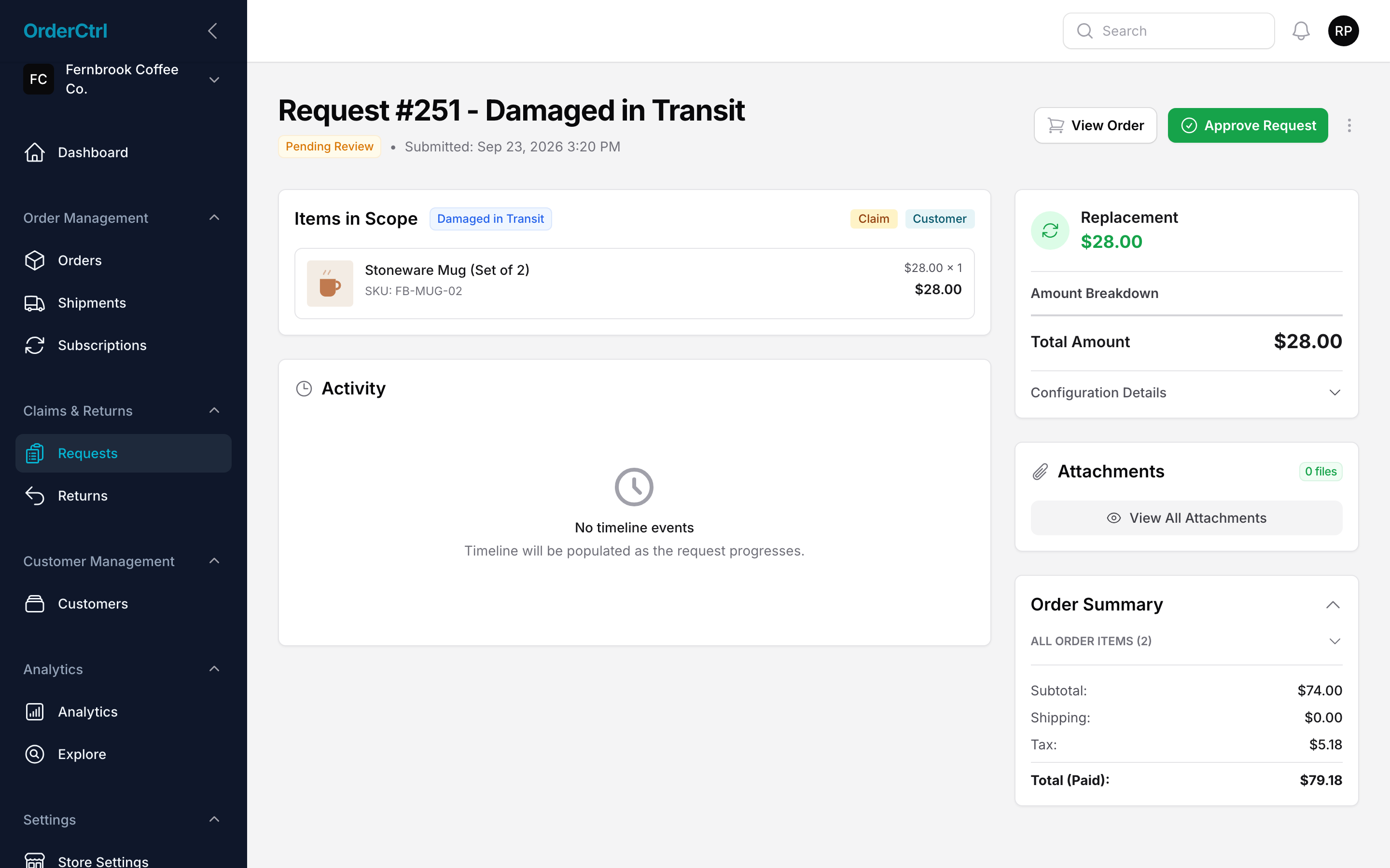 OrderCtrl claim review screen for a damaged item, with the matched policy, requested items and resolution amount.