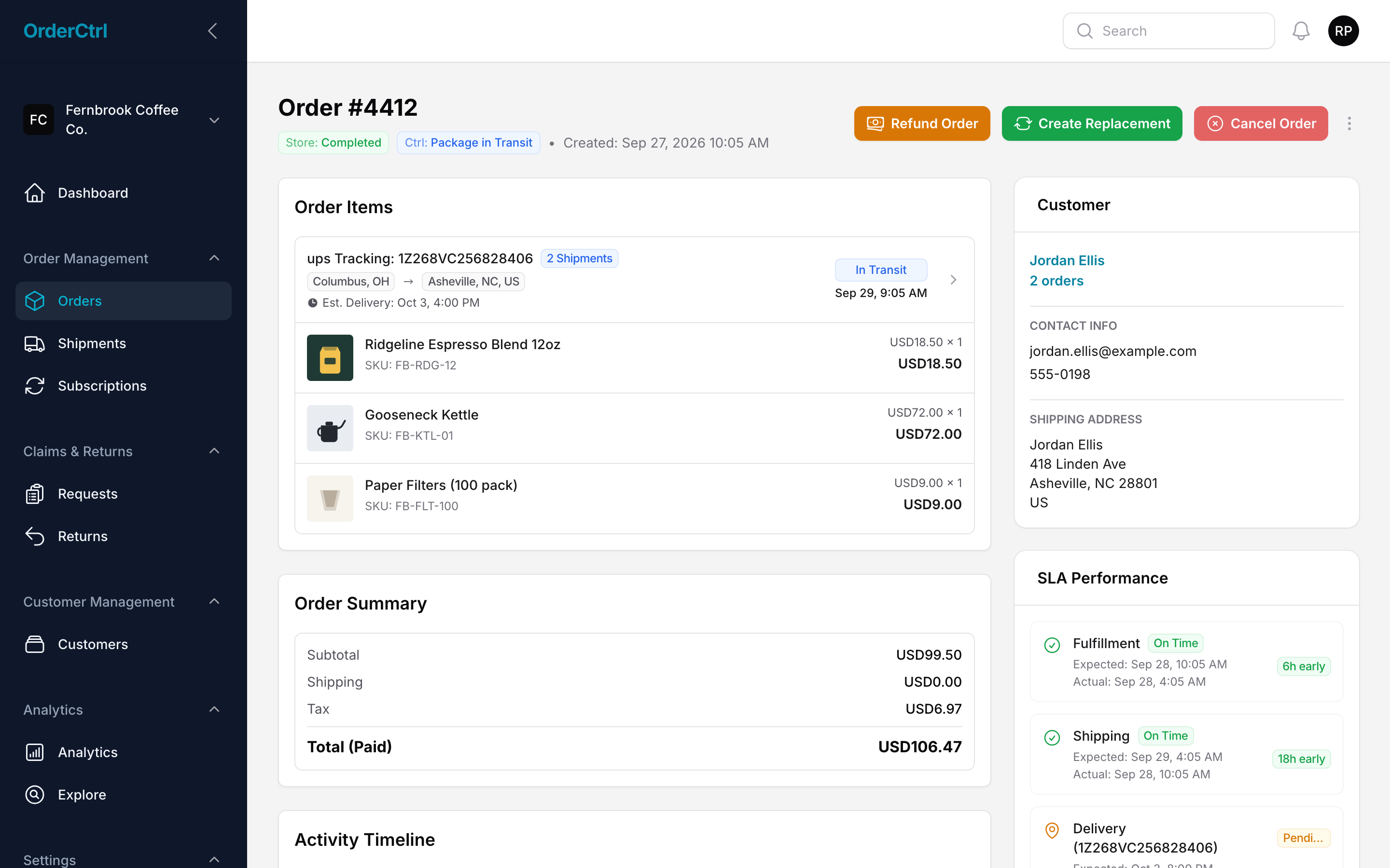 OrderCtrl order page for order 4412: two shipments, refund, replacement and cancel buttons, and on-time fulfillment and shipping checks.