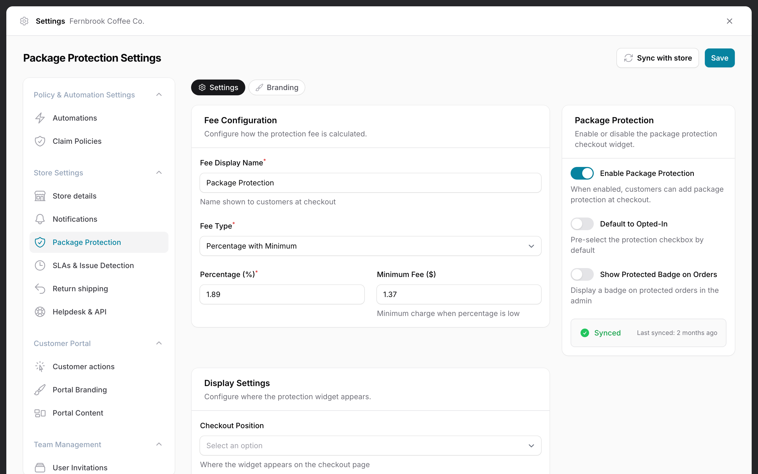 OrderCtrl package protection settings: fee name, percentage with minimum fee type, 1.89% with a $1.37 minimum, and checkout position.